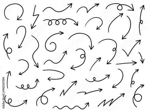 手書きの矢印アイコンのベクターイラストセット。方向、手描き、シンプル、やじるし