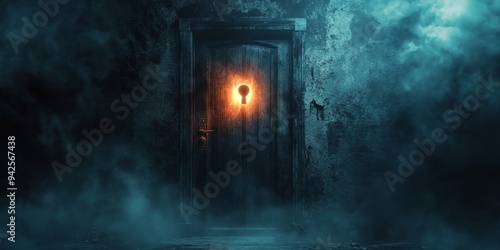 a haunted mansion's cracked and peeling door with a glowing keyhole, surrounded by eerie fog and mysterious whispers photo