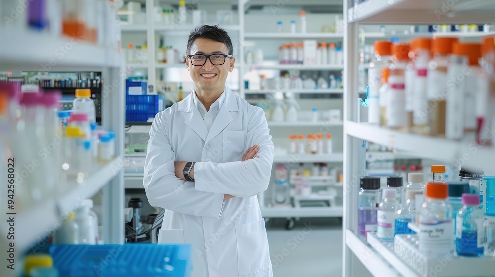 Researcher in a biotech lab dedicated to longevity and happiness, Longevity Happy Biotech, health optimization Researcher in a biotech lab dedicated to longevity and happiness, Longevity Happy Biotech, health optimization