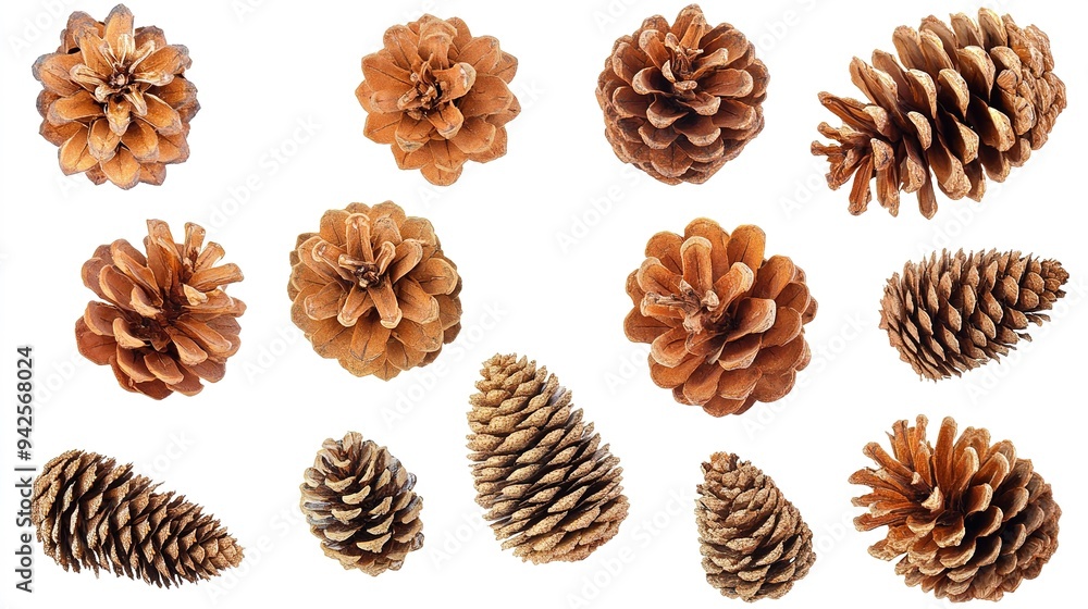 Set of Pine Cones on White Background Showcasing Natural Texture and Detailed Design for Botanical and Seasonal Illustrations Set of Pine Cones on White Background Showcasing Natural Texture and Detailed Design for Botanical and Seasonal Illustrations