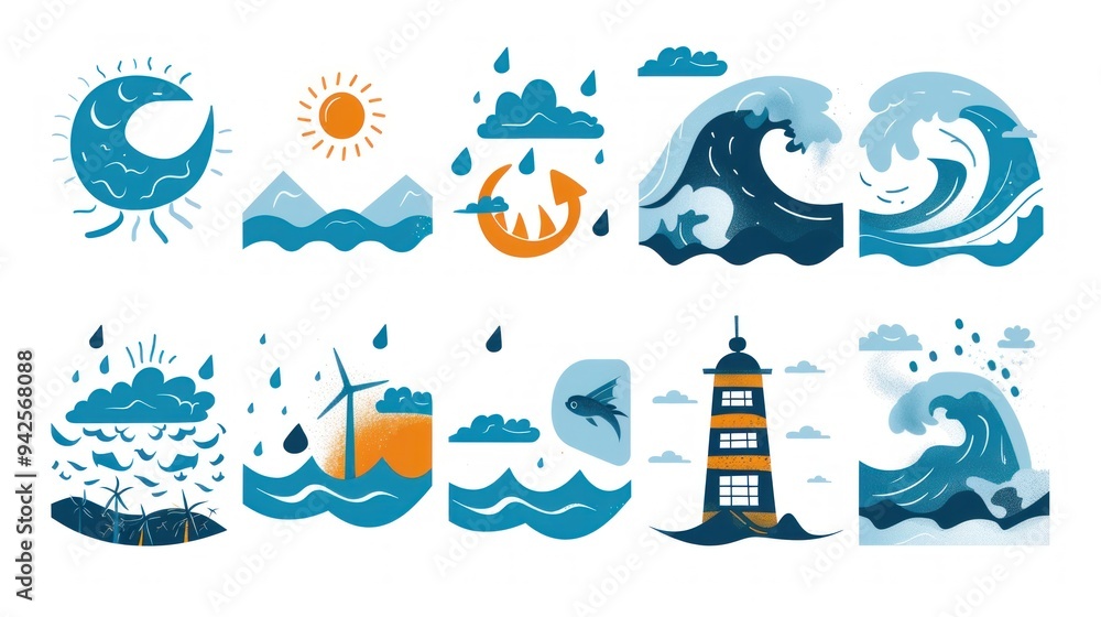 Naklejka premium Colorful Hand Drawn Ocean Icons.