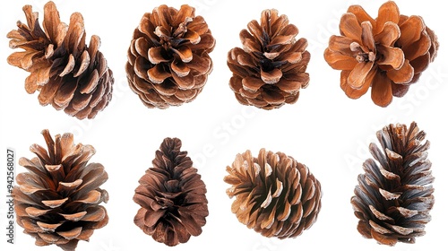 Set of Pine Cones on White Background Showcasing Natural Texture and Detailed Design for Botanical and Seasonal Illustrations