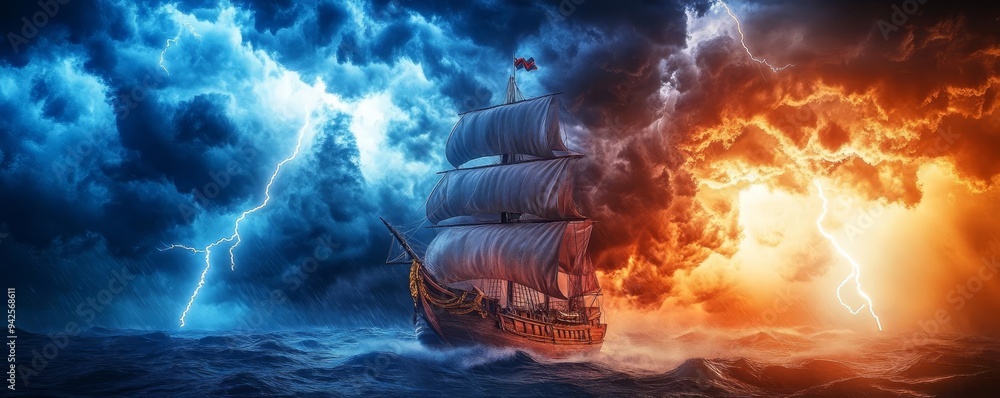 A lone ship sails through a stormy sea, with lightning flashing in both dark blue and fiery orange skies. A lone ship sails through a stormy sea, with lightning flashing in both dark blue and fiery orange skies.