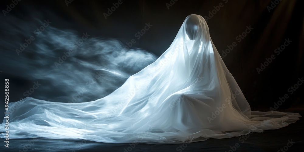 Spooky ghost prop with flowing white fabric, glowing softly in the darkness, swaying gently against a dark backdrop with eerie shadows Spooky ghost prop with flowing white fabric, glowing softly in the darkness, swaying gently against a dark backdrop with eerie shadows