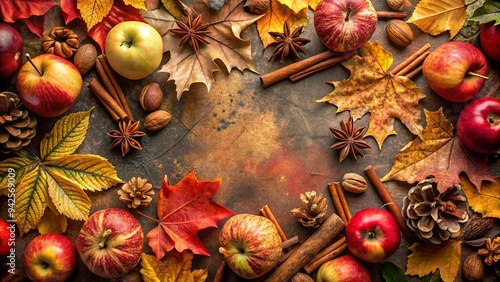 Autumn background frame featuring a variety of dry leaves of nuts, apples, and cinnamon, creating a seasonal decorative touch to nature