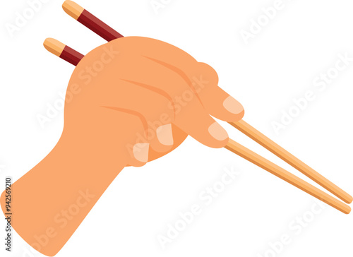 Hand is holding a pair of chopsticks, getting ready to enjoy a delicious asian meal