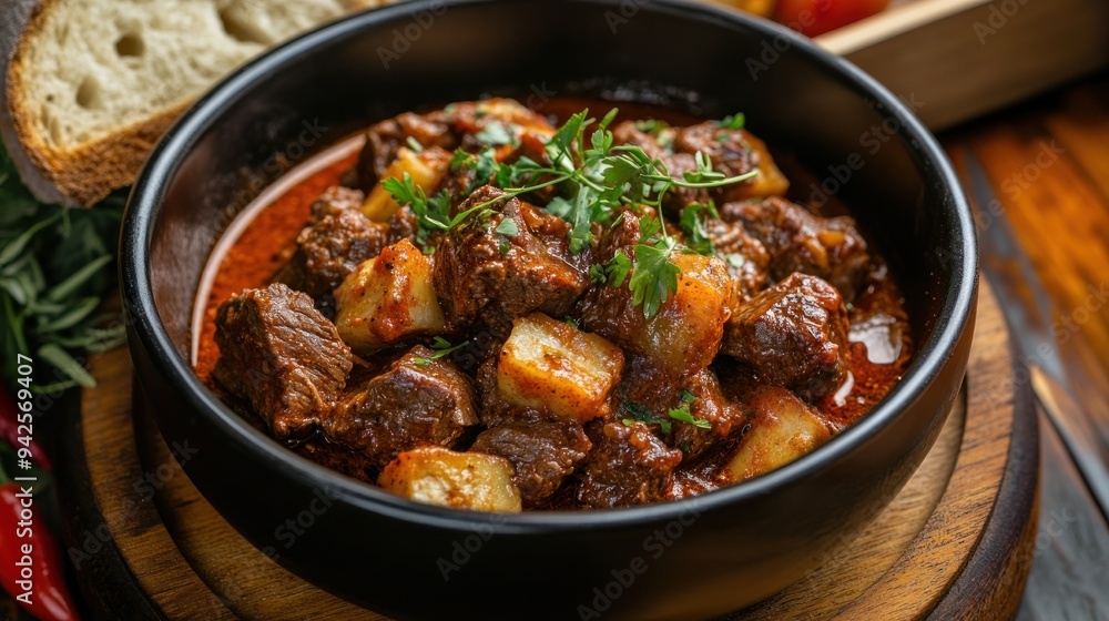 Wagyu beef goulash with tender chunks of beef and a rich paprika sauce, served with crusty bread . --ar 16:9 --v 6.1 Job ID: 28c8ffbd-3cef-4104-8939-36cf86ec8662 Wagyu beef goulash with tender chunks of beef and a rich paprika sauce, served with crusty bread . --ar 16:9 --v 6.1 Job ID: 28c8ffbd-3cef-4104-8939-36cf86ec8662