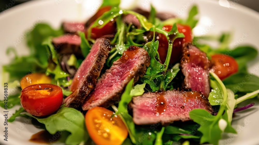 Wagyu beef tataki salad with mixed greens, cherry tomatoes, and a tangy vinaigrette dressing. Wagyu beef tataki salad with mixed greens, cherry tomatoes, and a tangy vinaigrette dressing.