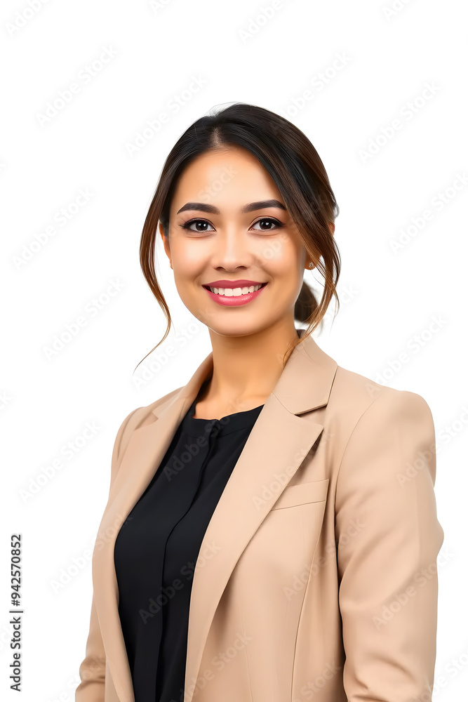 A professional young woman smiling, wearing a beige blazer over a black top. She has long hair styled elegantly and is set against a plain white background. A professional young woman smiling, wearing a beige blazer over a black top. She has long hair styled elegantly and is set against a plain white background.