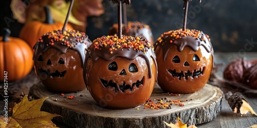 caramel apples with dark chocolate drizzle, sprinkles, and spooky faces, set on a rustic wooden board with fall decorations photo