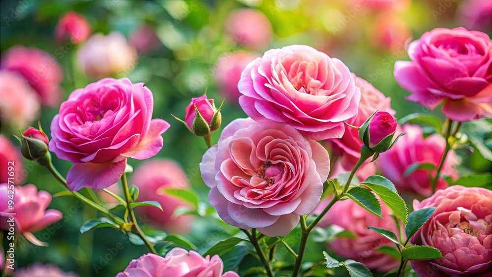 Elegant and vibrant pink roses in full bloom in a romantic botanical garden setting Elegant and vibrant pink roses in full bloom in a romantic botanical garden setting