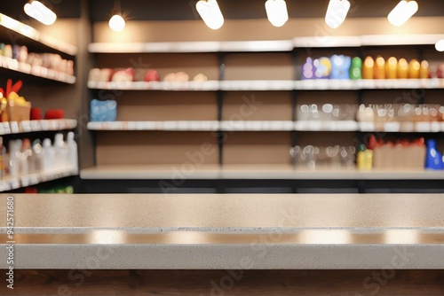 tabletop over shop with, empty shelves