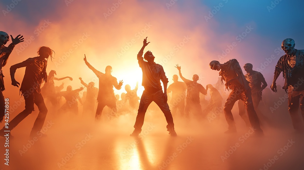 A dark, foggy dance floor packed with zombies, their decayed faces illuminated by strobe lights zombie halloween party concept. A dark, foggy dance floor packed with zombies, their decayed faces illuminated by strobe lights zombie halloween party concept.