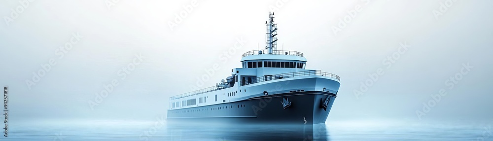 Fototapeta premium A large white ship floats on a calm sea, with a blue sky behind it.