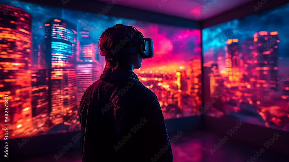 Person wearing VR headset looking at a cityscape projection. Person wearing VR headset looking at a cityscape projection.