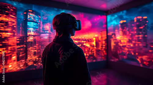 Person wearing VR headset l...