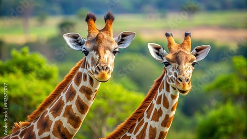 Close up of two giraffes showcasing their long necks and unique spotted patterns in the African safari wildlife nature photo