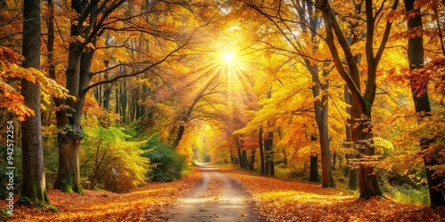 Golden autumn path surrounded by colorful fall foliage with sunbeams shining through the trees in a tranquil natural setting