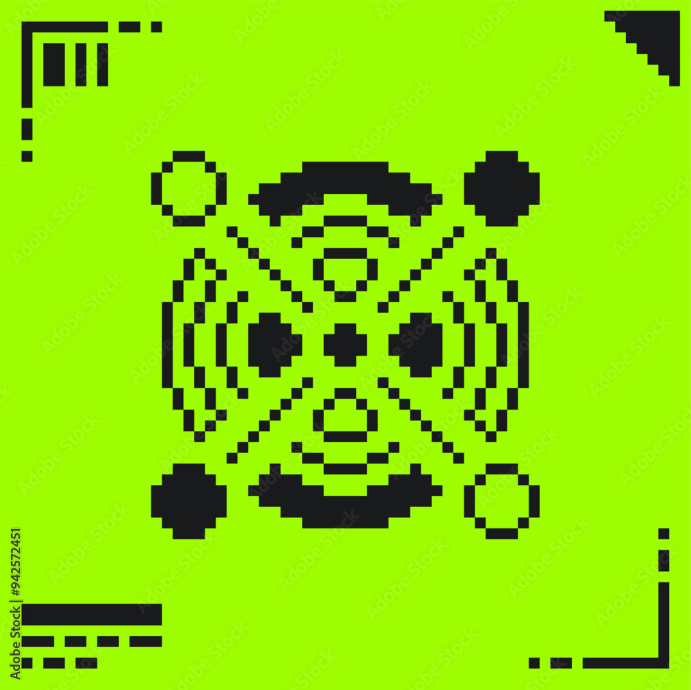 Fototapeta premium Pixel Art Black Cryptic Circle Line with Interface Border Frame, Lime Green Background