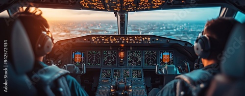 Two pilots focused on flying, navigating through stunning sunset skies from the cockpit of an aircraft.