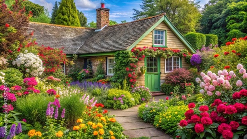 Fototapeta Naklejka Na Ścianę i Meble -  Charming cottage surrounded by colorful well-tended garden with blooming flowers and lush greenery