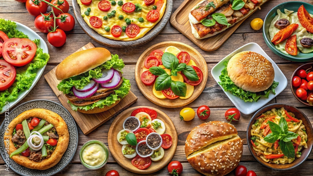 A colorful display of fast food items like burgers, pizzas, and salads on plates A colorful display of fast food items like burgers, pizzas, and salads on plates