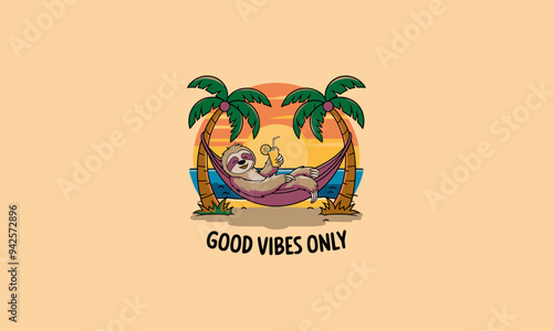 sloth relaxing on hammock with palm beach vector flat design