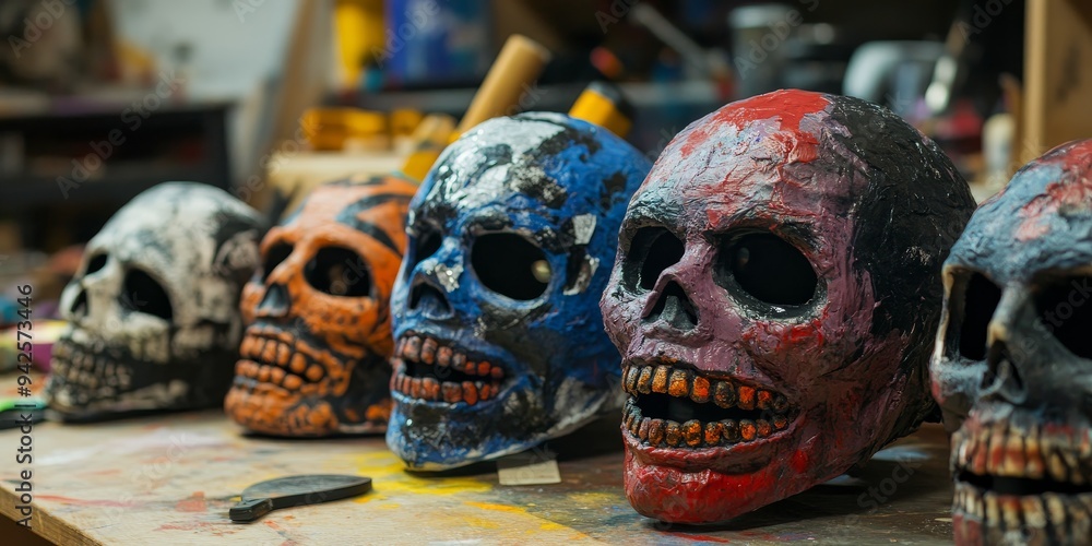 DIY Halloween masks made from paper mache, featuring spooky designs and intricate paintwork, drying on a workbench DIY Halloween masks made from paper mache, featuring spooky designs and intricate paintwork, drying on a workbench
