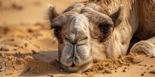 Close up of dromedary Camelus dromedarius dung in sandy desert photo