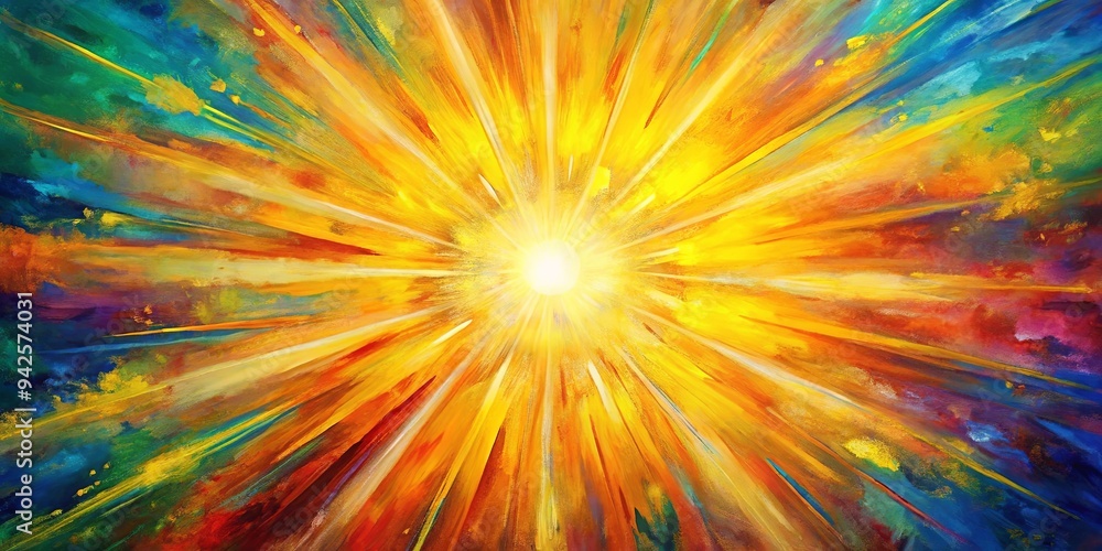 Obraz premium Colorful abstract sunburst painting with vibrant yellow sun at center, bursting rays of color in all directions