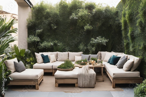 Table and chairs set up in a garden terrace, green concept photo