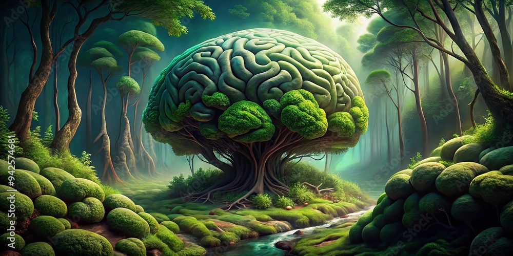 rendered brain transformed into a lush forest with moss, creating a unique nature-themed art piece rendered brain transformed into a lush forest with moss, creating a unique nature-themed art piece