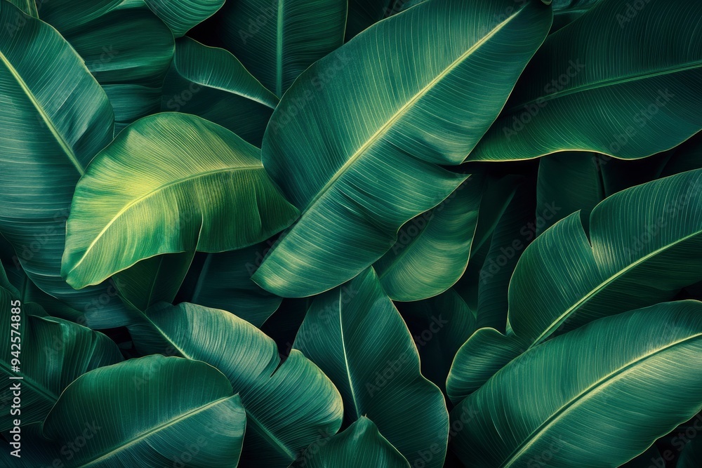 Obraz premium Abstract bold green leaves texture background, elegant tropical banana leaf details, nature wallpaper, vintage tone, deep shading, foliage, ecology concept, dark moody feel. refined, elegance. , ai