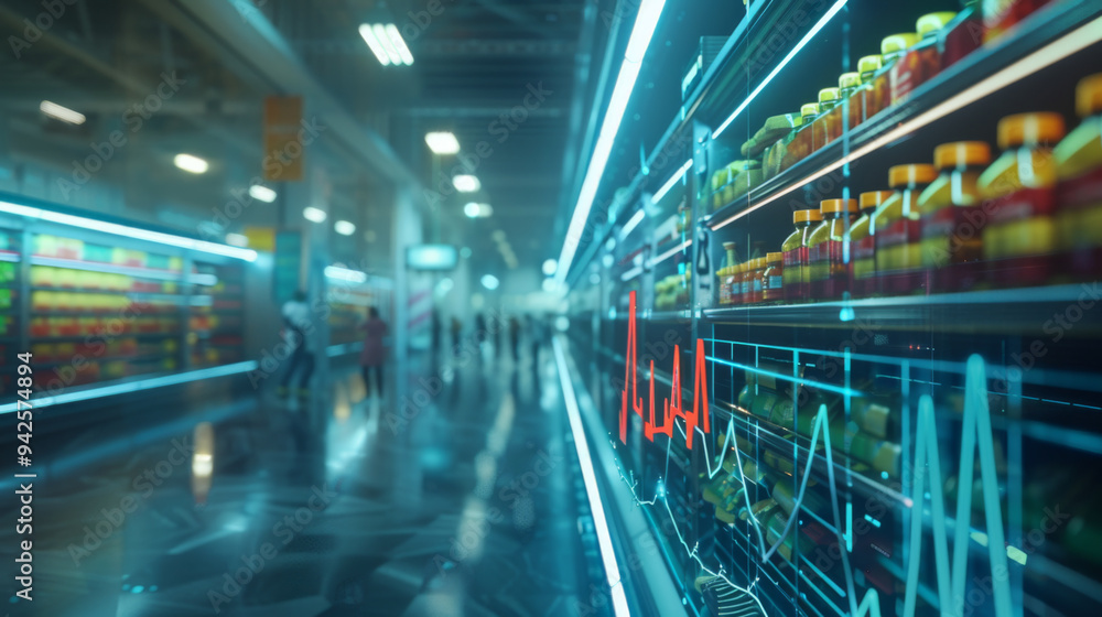 Modern supermarket aisle with futuristic neon lighting and digital data overlay, highlighting product information and analytics. Modern supermarket aisle with futuristic neon lighting and digital data overlay, highlighting product information and analytics.