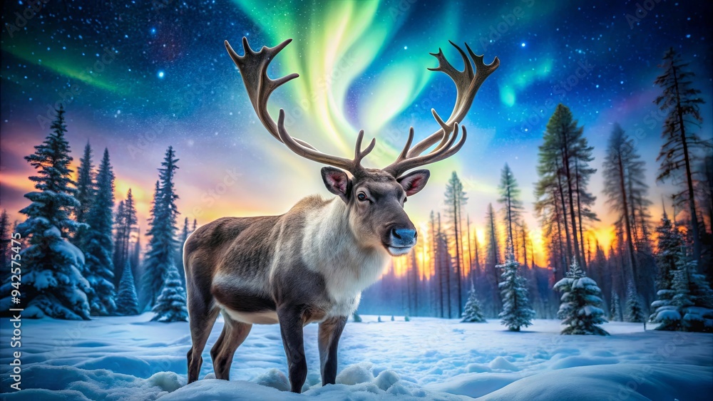 Close up of a magnificent reindeer in a snowy polar forest with vibrant northern lights in the background Close up of a magnificent reindeer in a snowy polar forest with vibrant northern lights in the background
