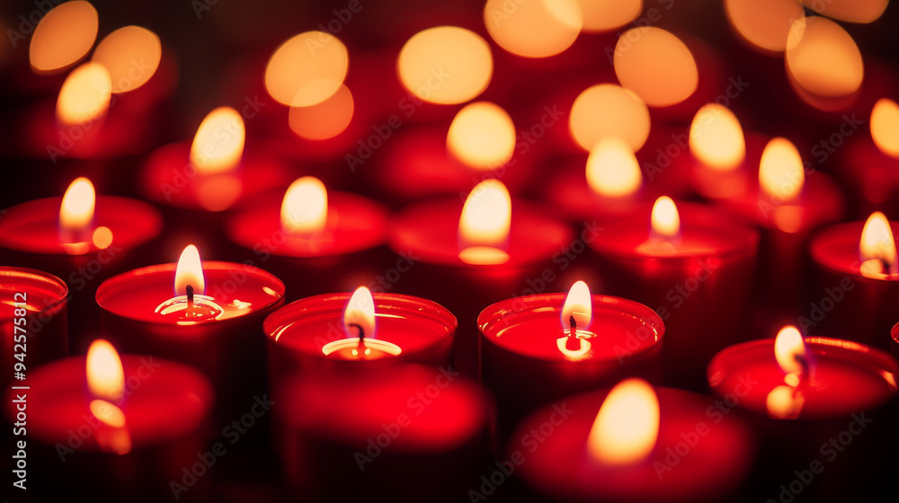 Background image full of red candles with flames creating a warm and romantic atmosphere, many red candlelit lights with a cozy feeling Background image full of red candles with flames creating a warm and romantic atmosphere, many red candlelit lights with a cozy feeling
