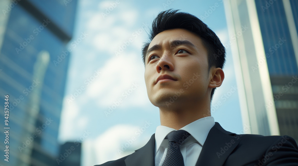 Chinese young business man stands at the foot of an office building, gazing towards the horizon with determination and purpose. The scene is cinematic, blue sky, and city background of skyscrapers Chinese young business man stands at the foot of an office building, gazing towards the horizon with determination and purpose. The scene is cinematic, blue sky, and city background of skyscrapers