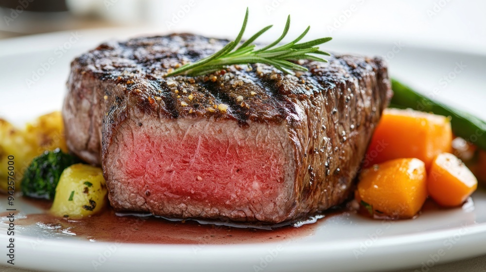 A perfectly grilled Wagyu steak with a seared crust, garnished with a sprig of rosemary and a side of sautéed vegetables . --ar 16:9 --v 6.1 Job ID: 59f20b71-535b-4af0-a6cf-444251aed2eb A perfectly grilled Wagyu steak with a seared crust, garnished with a sprig of rosemary and a side of sautéed vegetables . --ar 16:9 --v 6.1 Job ID: 59f20b71-535b-4af0-a6cf-444251aed2eb