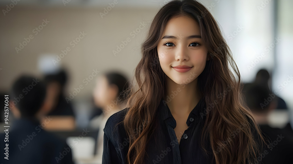 Portrait of a young woman smiling with long wavy brown hair, wearing a black shirt, standing in a brightly lit room with blurry figures behind her. Portrait of a young woman smiling with long wavy brown hair, wearing a black shirt, standing in a brightly lit room with blurry figures behind her.