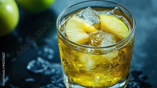 A cool glass of iced green apple tea with green apple slices and ice cubes, condensation visible . --ar 16:9 --v 6.1 Job ID: a2986104-83f4-44a2-841c-787e02f256e9