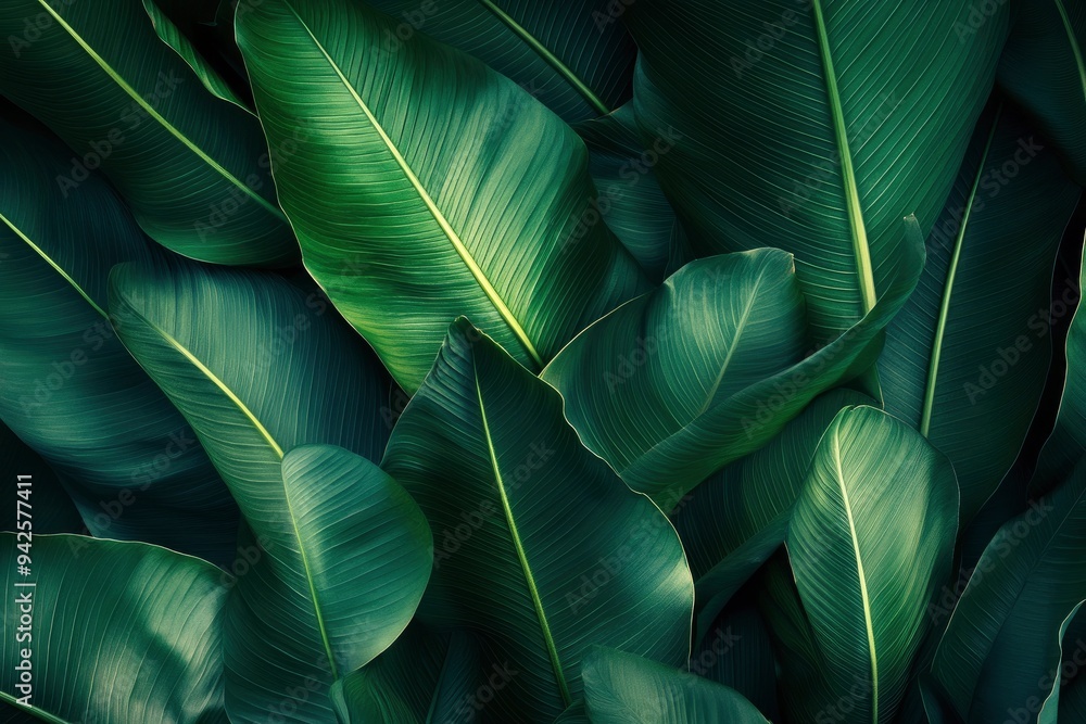 Obraz premium Abstract bold green leaves texture background, elegant tropical banana leaf details, nature wallpaper, vintage tone, deep shading, foliage, ecology concept, dark moody feel. refined, elegance. , ai