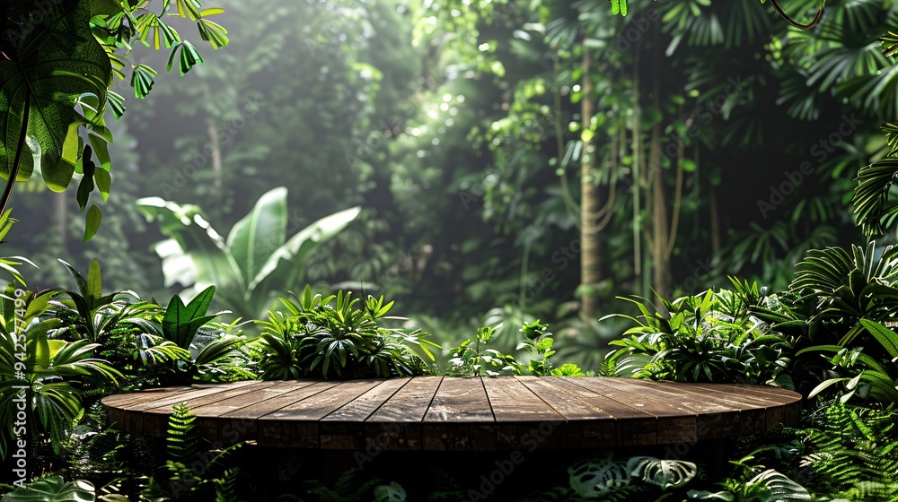 67.Tropical forest setting, circular wooden platform, surrounded by green leaves, detailed foliage, photorealistic rendering, serene natural scene, high resolution, intricate textures, premium 67.Tropical forest setting, circular wooden platform, surrounded by green leaves, detailed foliage, photorealistic rendering, serene natural scene, high resolution, intricate textures, premium