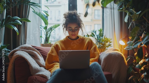 A person in a cozy study room, working on a laptop while seated comfortably, soft background