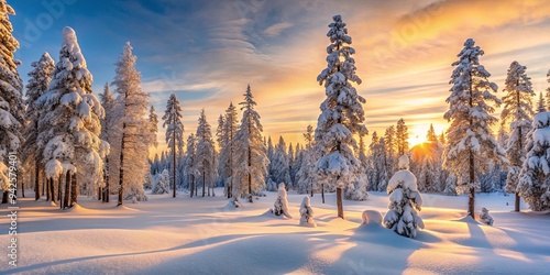 Snow covered trees in a serene winter forest at sunrise in Lapland, Finland