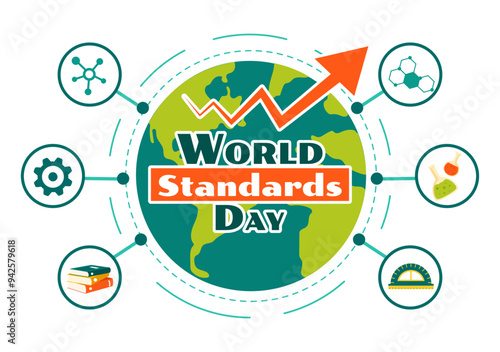 World Standards Day Vector Illustration on October 14 featuring a Globe, Stopwatch, Ruler Scale, and Quality Board in a Flat Style Cartoon Background