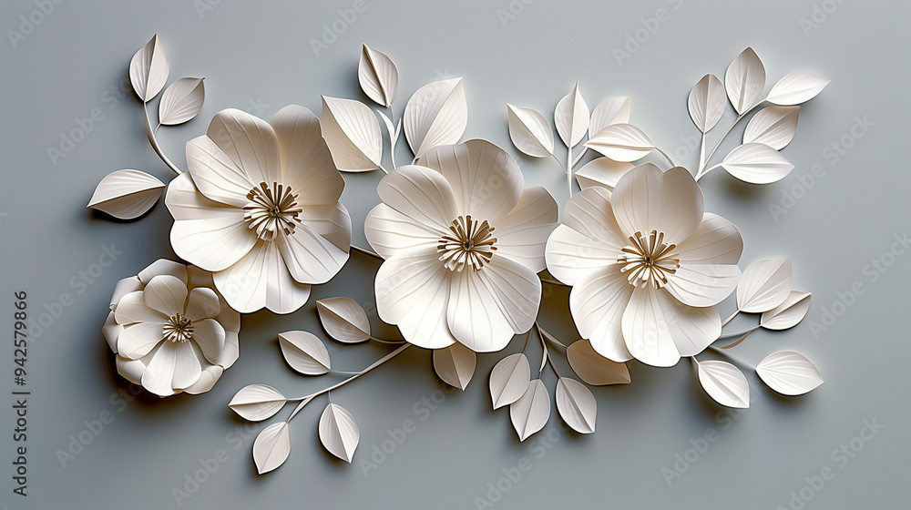White paper cut spring flower blooming composition on light grey background. Origami abstract art decoration blossom element design White paper cut spring flower blooming composition on light grey background. Origami abstract art decoration blossom element design