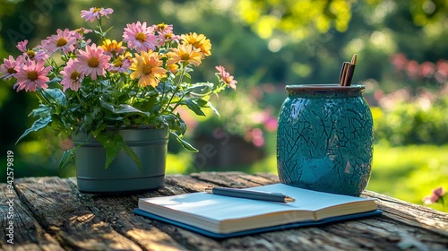 Fototapeta Naklejka Na Ścianę i Meble -  A creative outdoor workspace in a backyard garden, with a notebook, a pen, and flowers in bloom, capturing a calm and inspiring environment