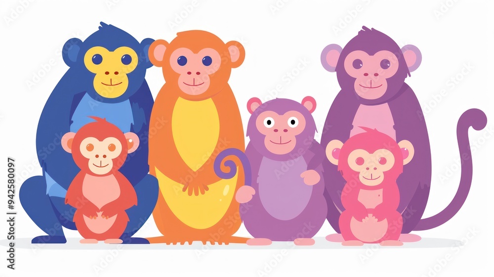 Colorful Cartoon Monkeys Family. Colorful Cartoon Monkeys Family.