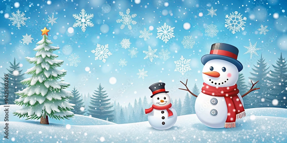 Playful snowflakes and a cheerful snowman in a snowy landscape Playful snowflakes and a cheerful snowman in a snowy landscape