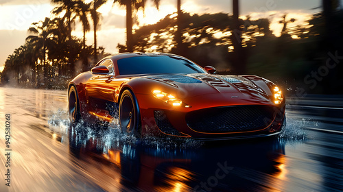 Red sports car driving fast...